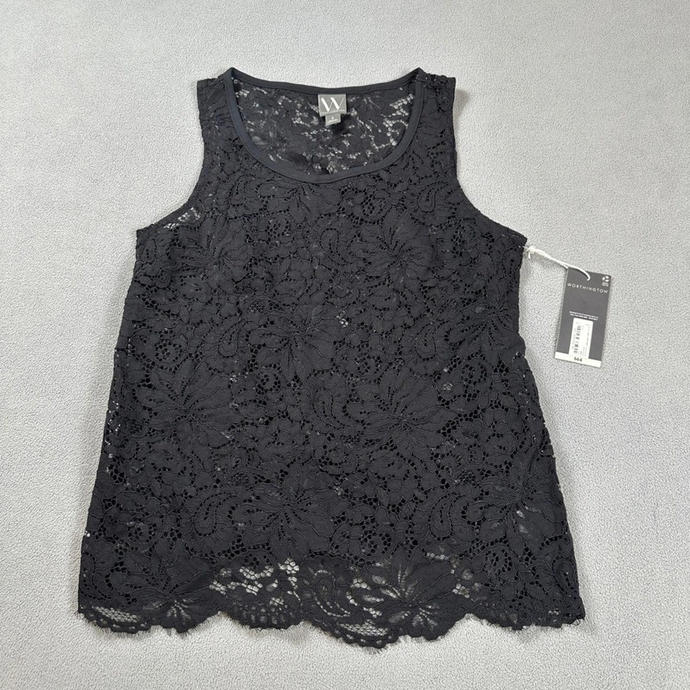 Worthington Black Floral Lace Sleeveless Tank Top Scalloped Hem Small NWT